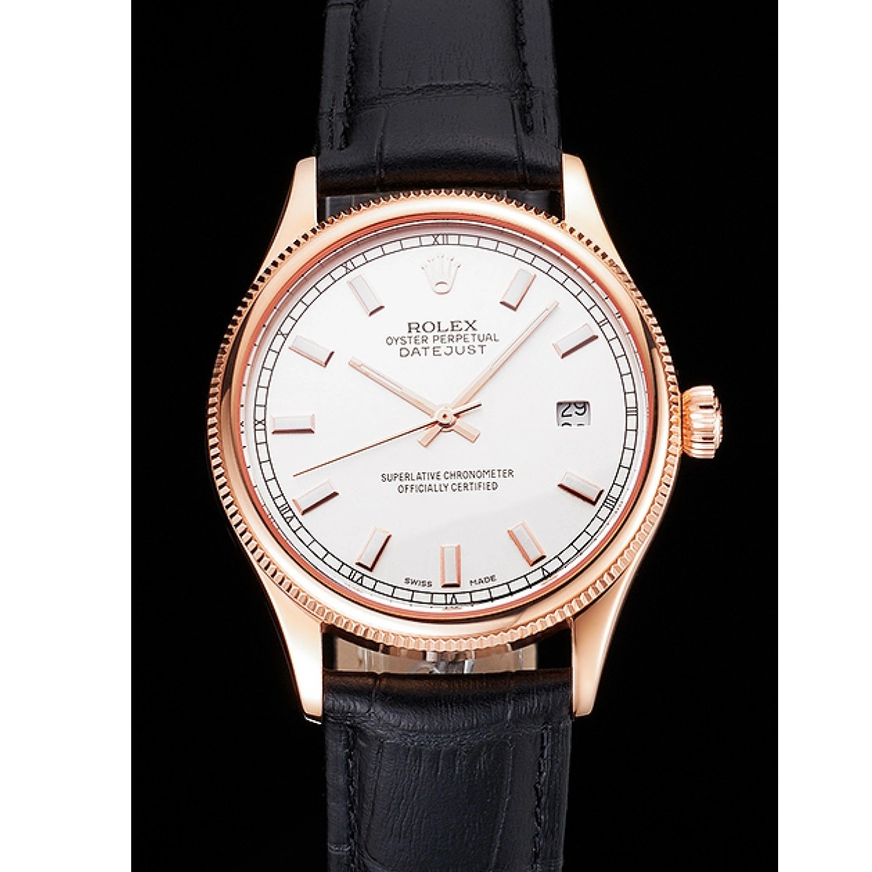 Good Copy Rolex Watches Leather White Rose Case Black Swiss Rolex Strap Datejust Gold Dial 0706